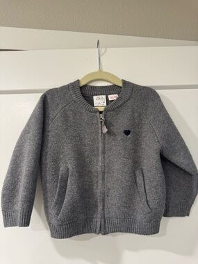 Zara Gray Knit Zip Cardigan with Navy Embroidered Heart, toddler
